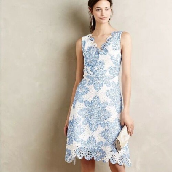 Anthropologie Eva Franco Starflower Scalloped Blue and White Lace Dress Size 12 - Picture 1 of 5